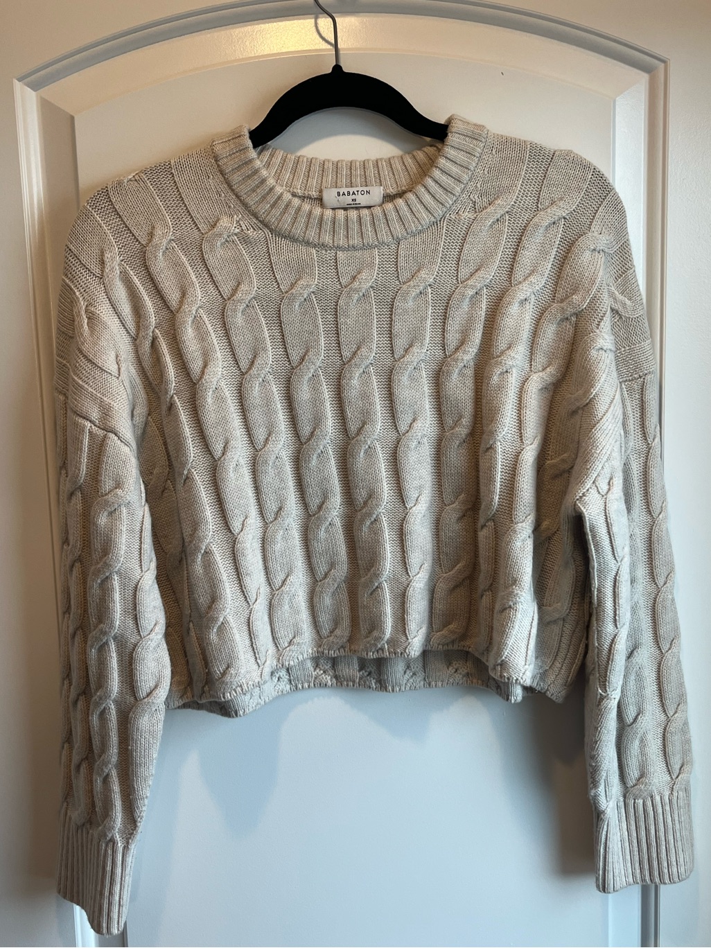 Babaton Glory Merino Wool Cable Knit Cropped Sweater Ivory